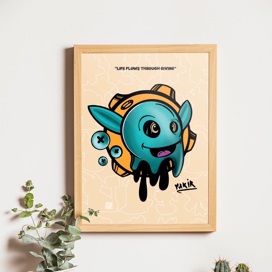 Framed cartoon octopus art print on a wall above a wooden shelf with a camera and plants.