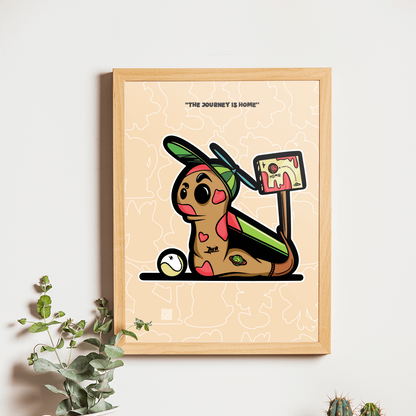 Framed illustration of a cartoon character on a wall above a wooden shelf with a camera and plants.