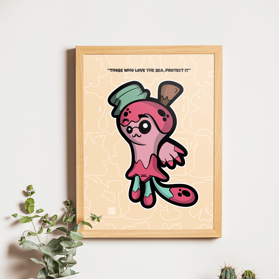 Framed cartoon print of a pink creature with a green hat on a wooden shelf with plants and a camera.