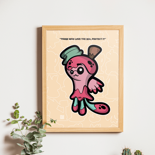 Framed cartoon print of a pink creature with a green hat on a wooden shelf with plants and a camera.