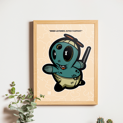 Framed cartoon print of a blue character with headphones on a wall above a wooden shelf with a camera and plants.