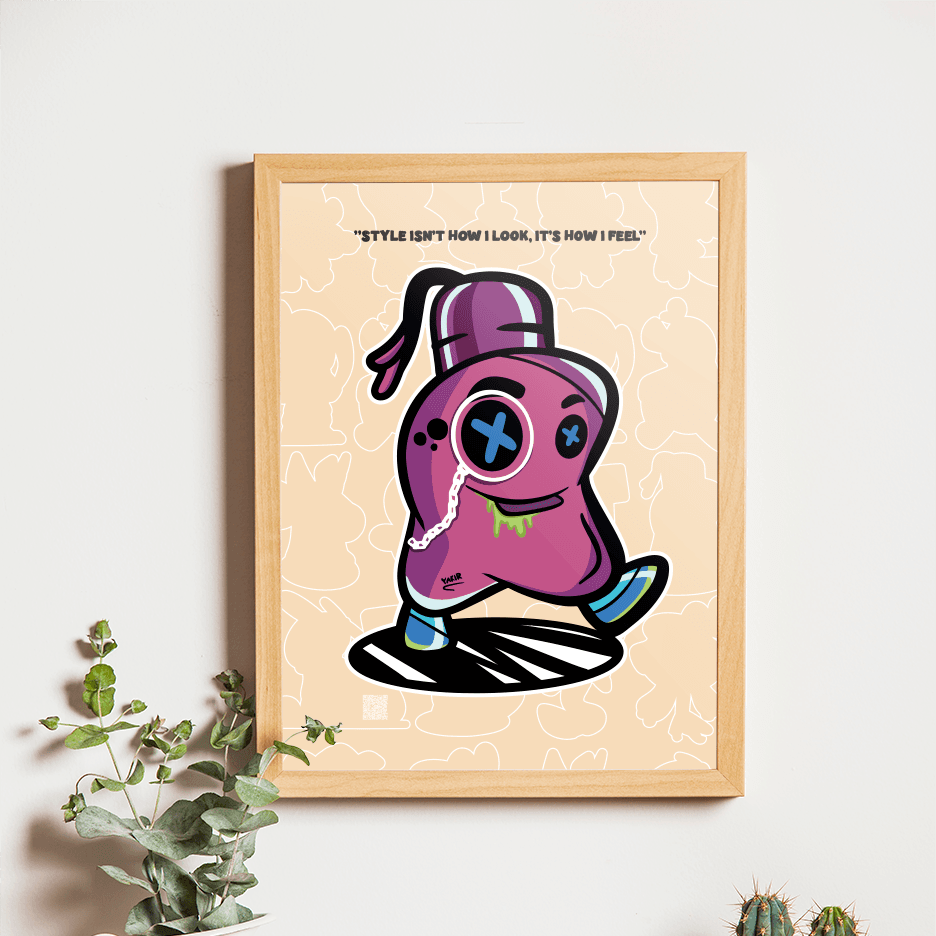 Framed illustration of a purple character with a hat on a wooden shelf with plants and a camera.