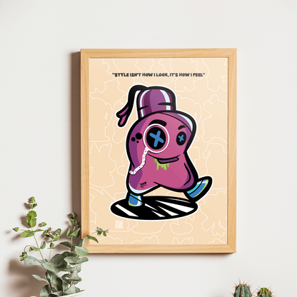 Framed illustration of a purple character with a hat on a wooden shelf with plants and a camera.
