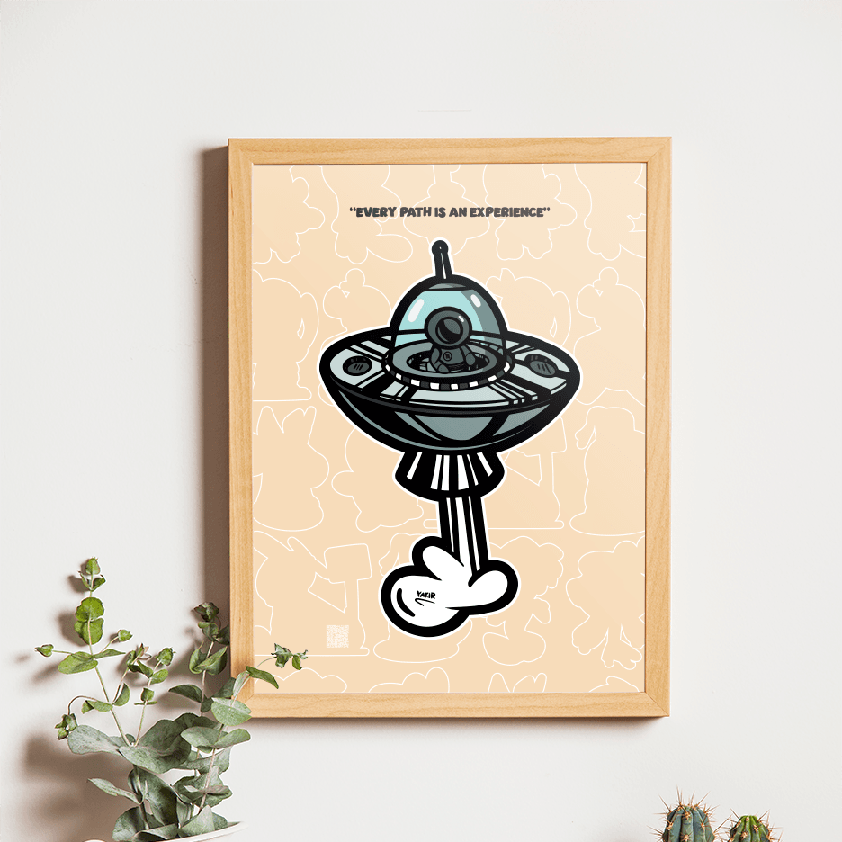 Framed artwork of a stylized UFO with text on a wall above a wooden desk with decor items.