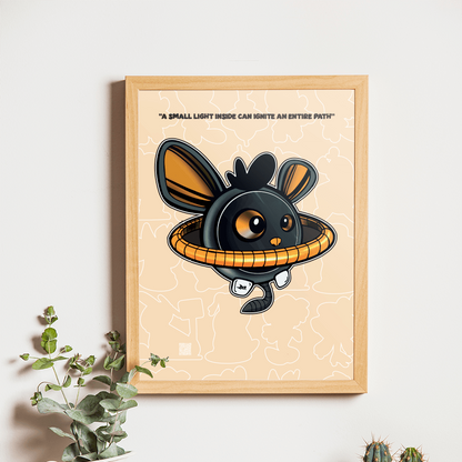 Framed artwork of a cartoon bat with a quote on a wall above a wooden table with a camera and plants.