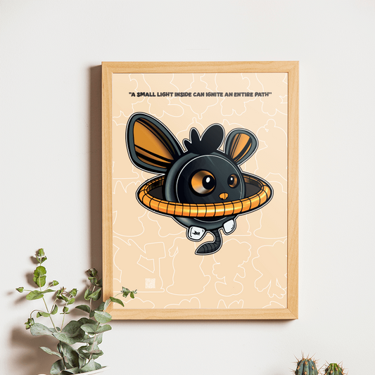 Framed artwork of a cartoon bat with a quote on a wall above a wooden table with a camera and plants.