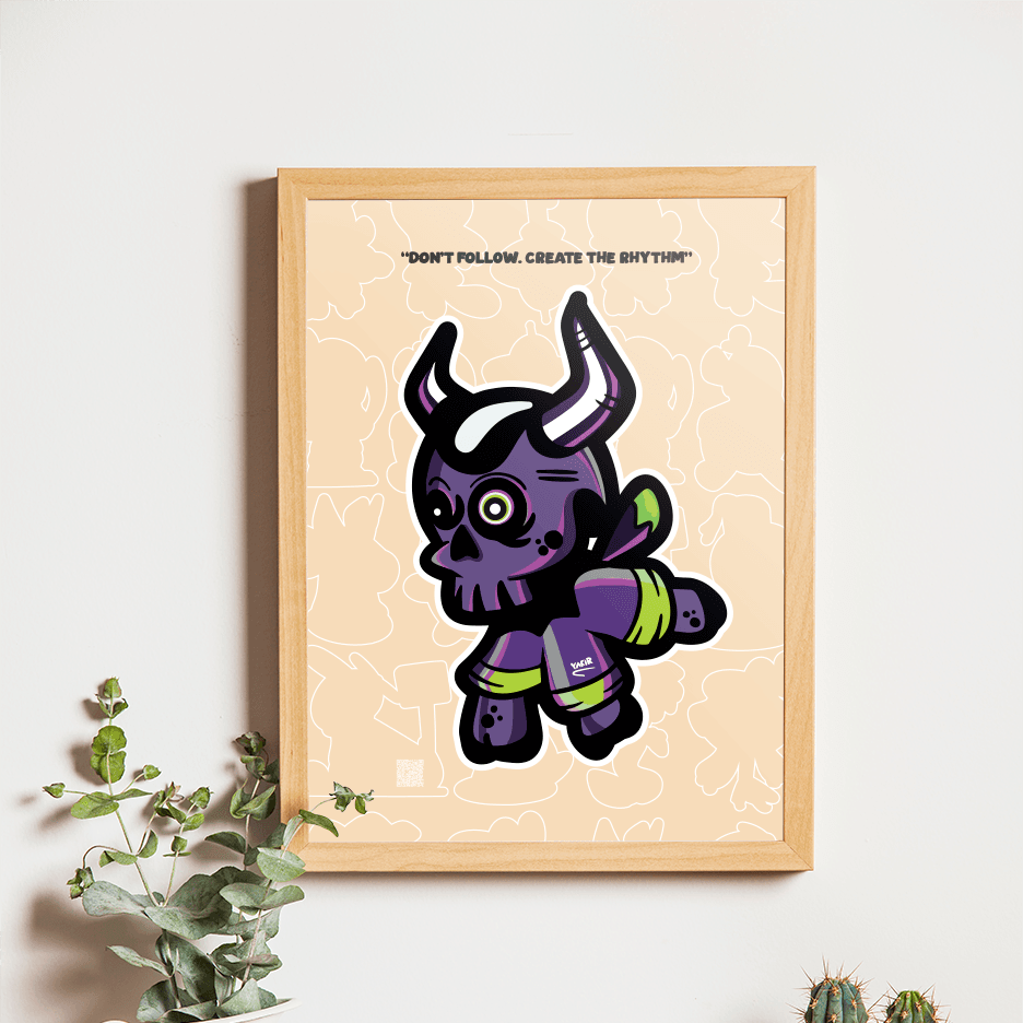 Framed artwork of a stylized purple creature on a wall above a wooden shelf with a camera and plants.