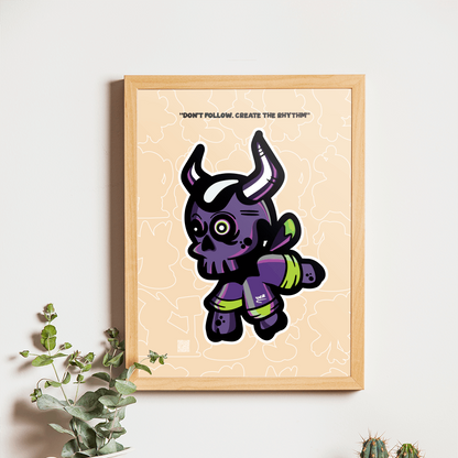 Framed artwork of a stylized purple creature on a wall above a wooden shelf with a camera and plants.