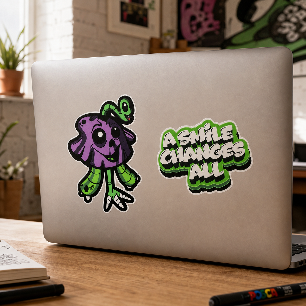 Boop and A Smile Changes All vinyl stickers on a laptop