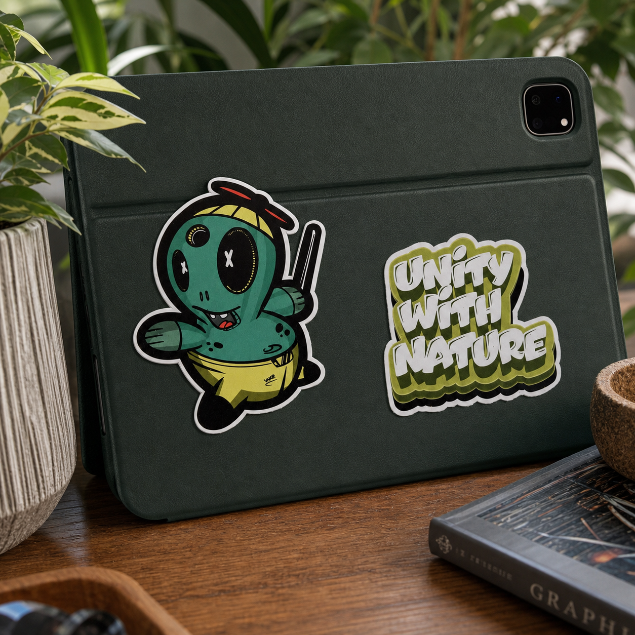 Mell and Unity With Nature vinyl stickers on a tablet cover