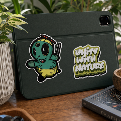 Mell and Unity With Nature vinyl stickers on a tablet cover