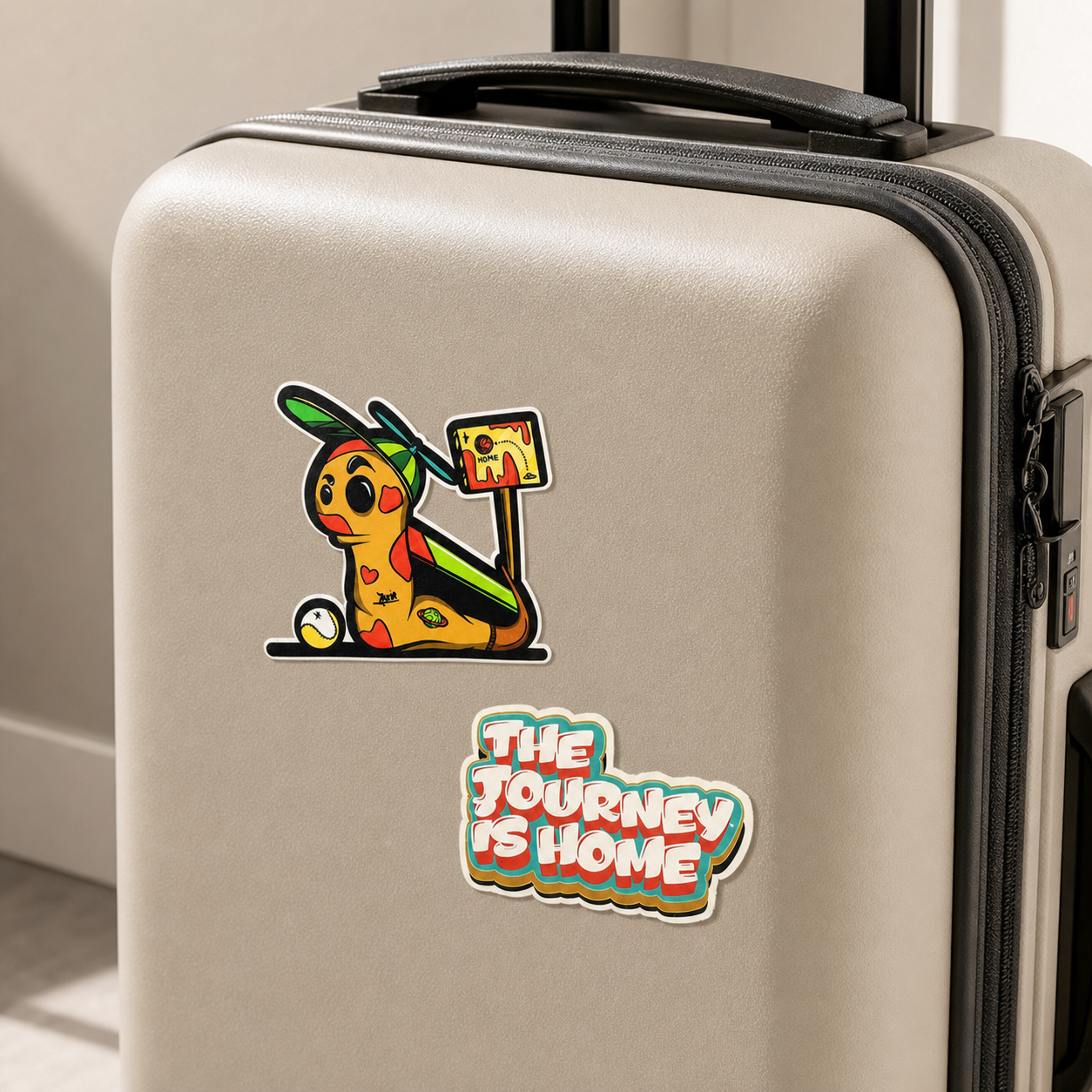 Molly and The Journey Is Home vinyl stickers on a suitcase