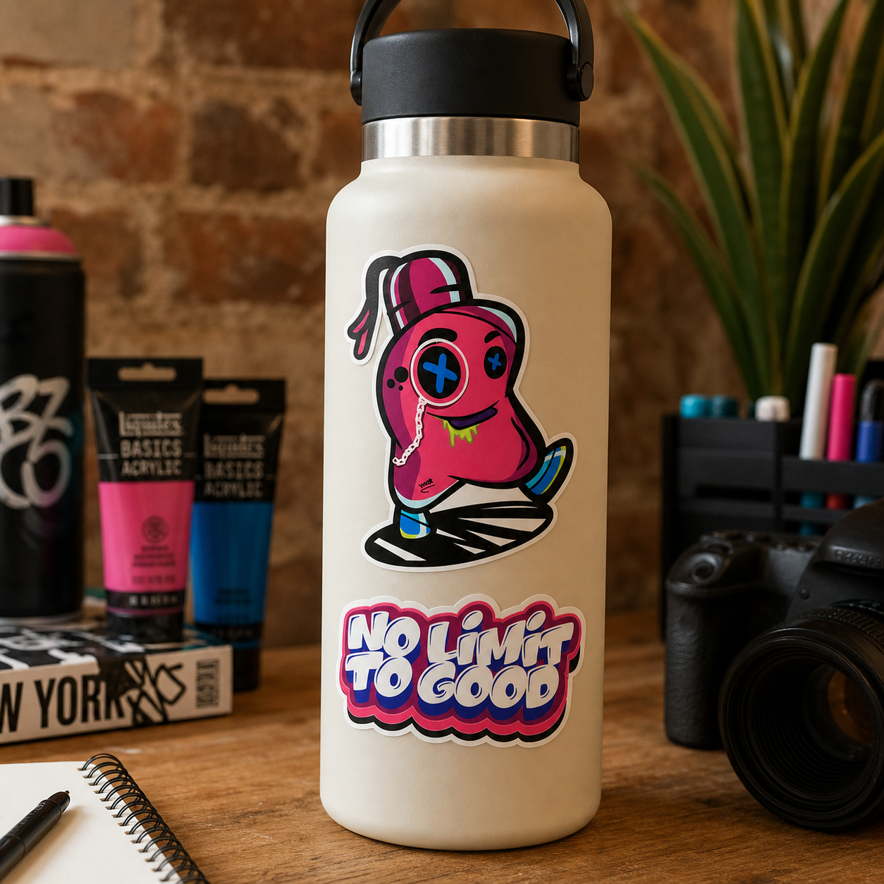 Ploom and No Limit To Good vinyl stickers on a cream bottle