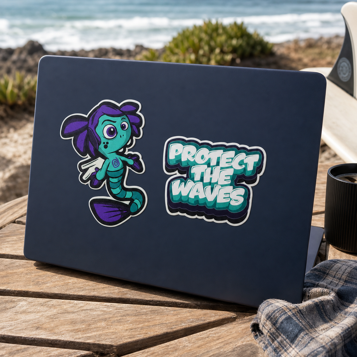 Protect The Waves vinyl sticker set on a navy laptop