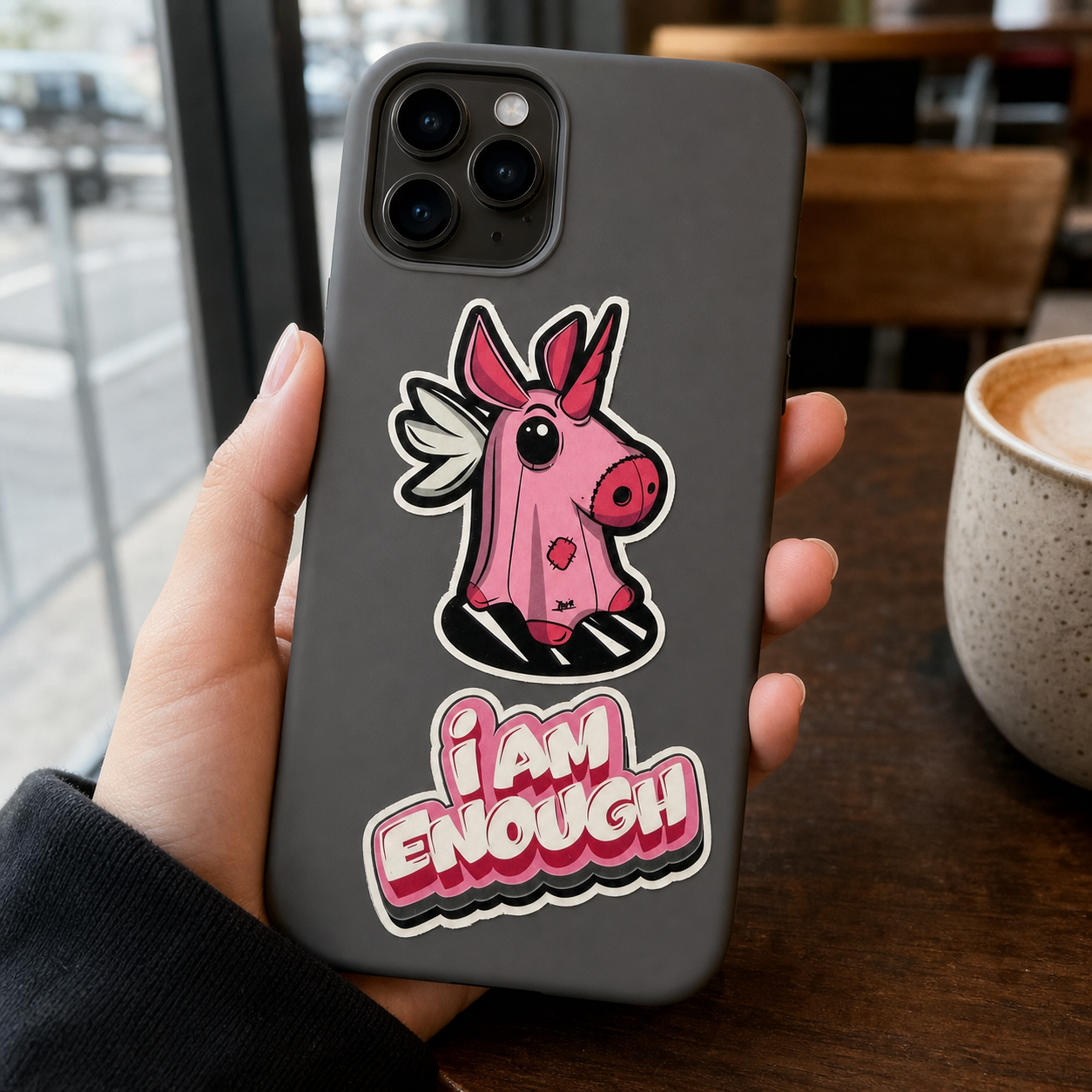 Mimi I Am Enough vinyl stickers applied to a matte phone case